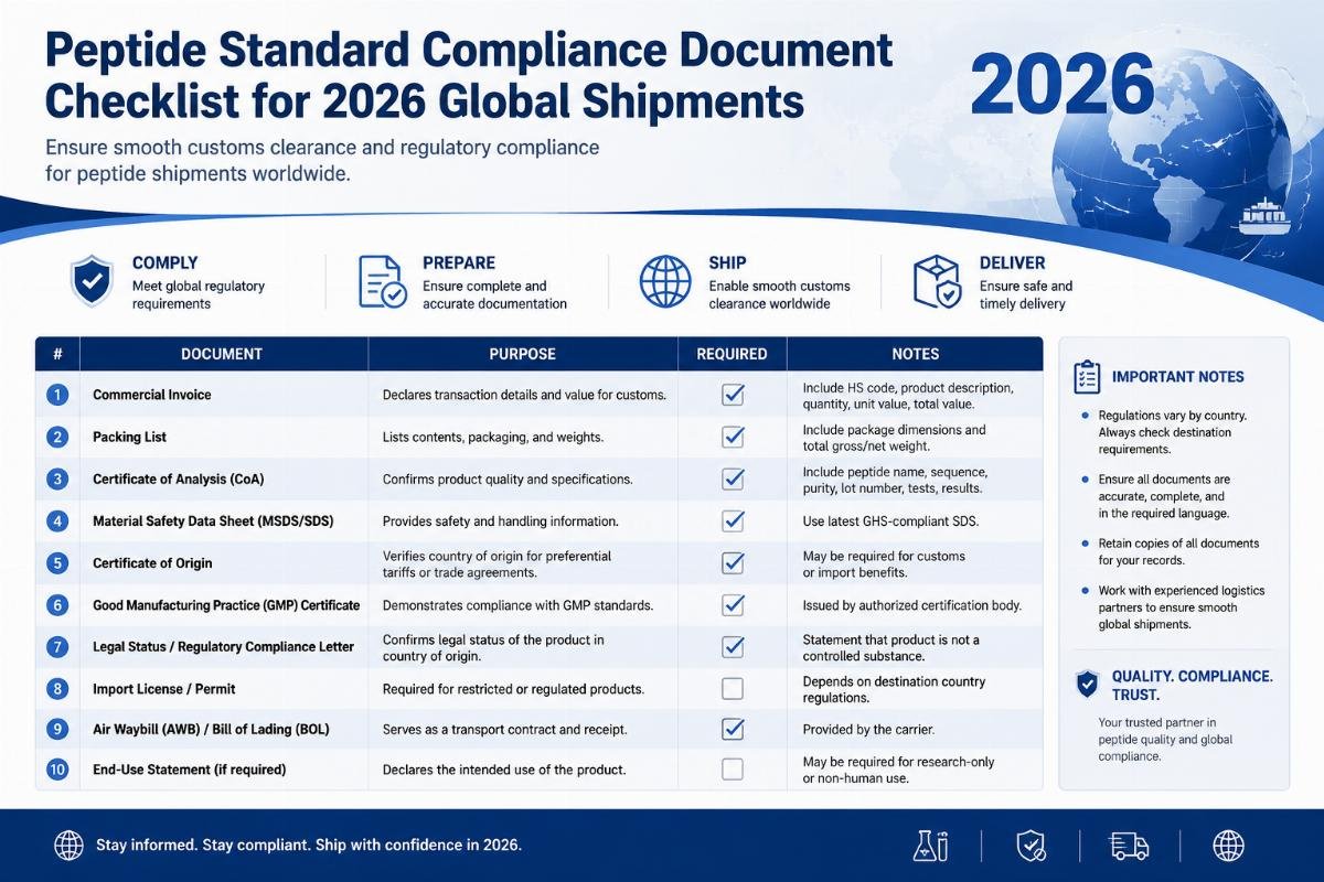 Peptide standard compliance document checklist for 2026 global shipments