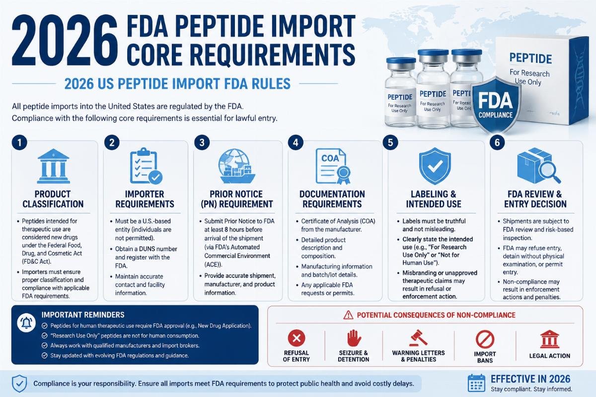 2026 US peptide import FDA rules 2026 FDA peptide import core requirement infographic
