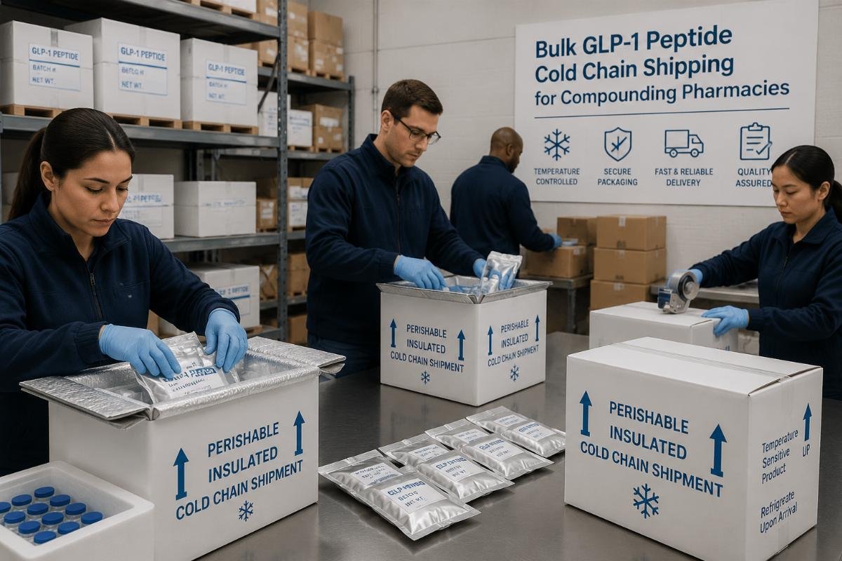 A warehouse team packing GLP-1 peptide batches into insulated cold chain shipping containers