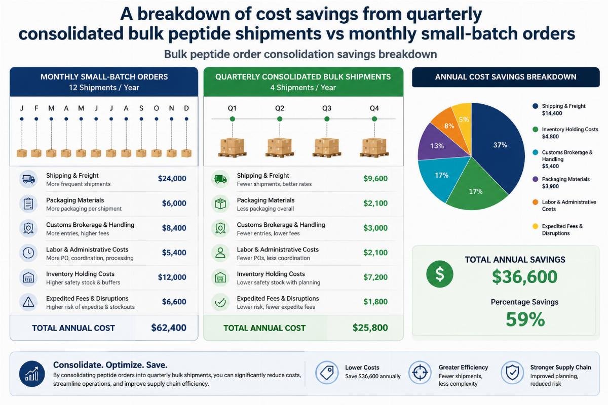 Bulk peptide order consolidation savings breakdown A breakdown of cost savings from quarterly consolidated bulk peptide shipments vs monthly small-batch orders