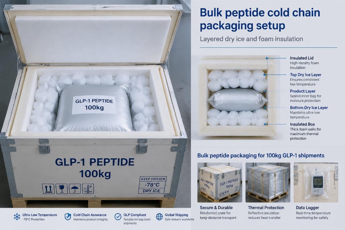 Bulk peptide cold chain packaging setup with layered dry ice and foam insulation