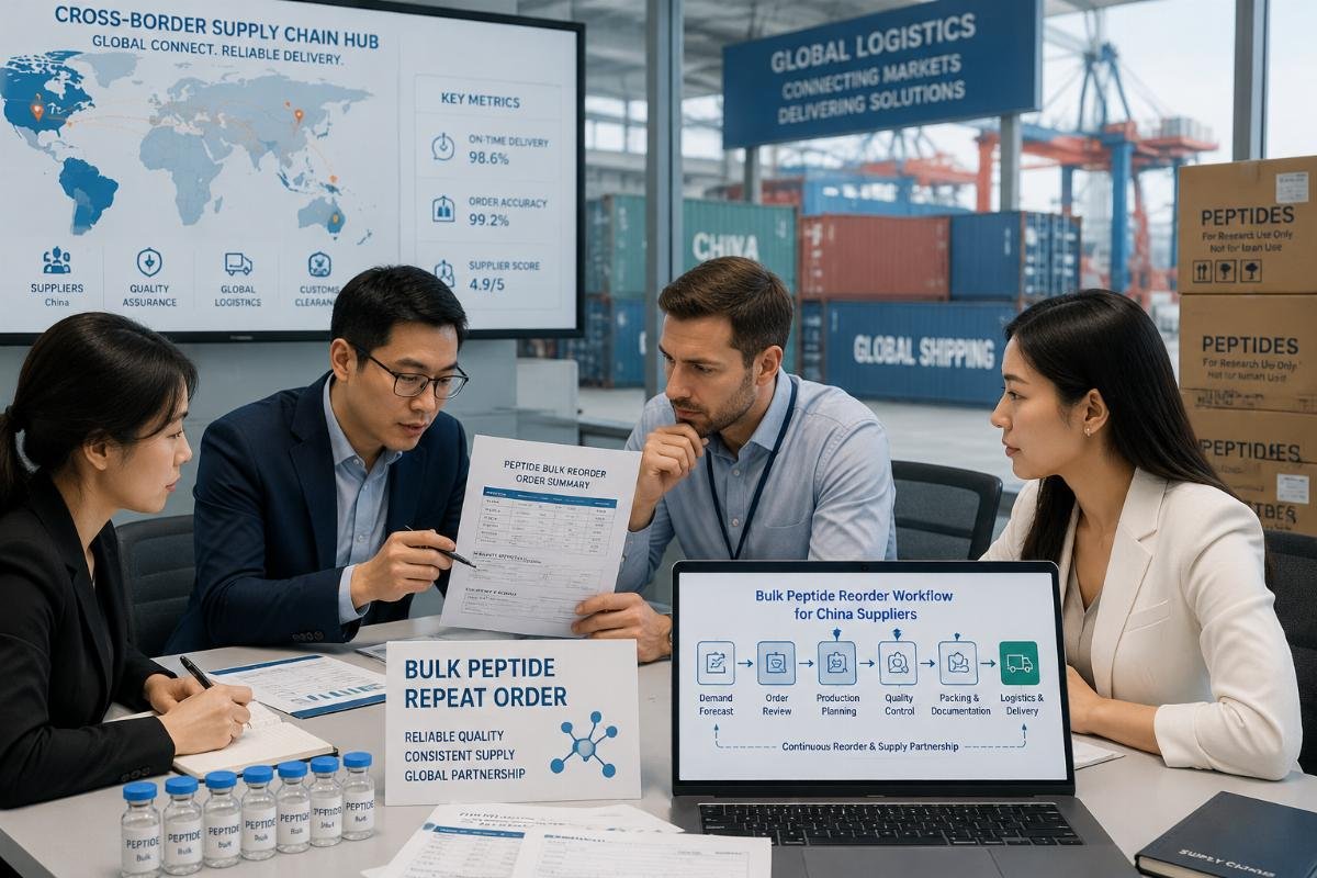 bulk peptide reorder workflow for China suppliers B2B procurement team reviewing bulk peptide repeat order documentation at a cross-border supply chain hub