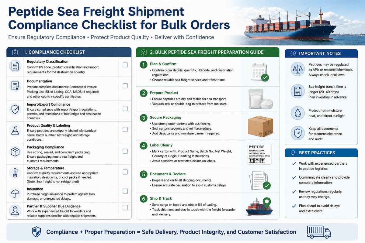 Bulk peptide sea freight preparation guide Peptide sea freight shipment compliance checklist for bulk orders