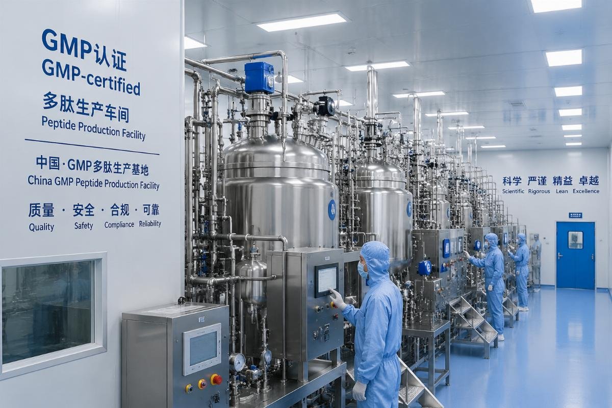 GMP-certified peptide production facility with clean-room synthesis lines