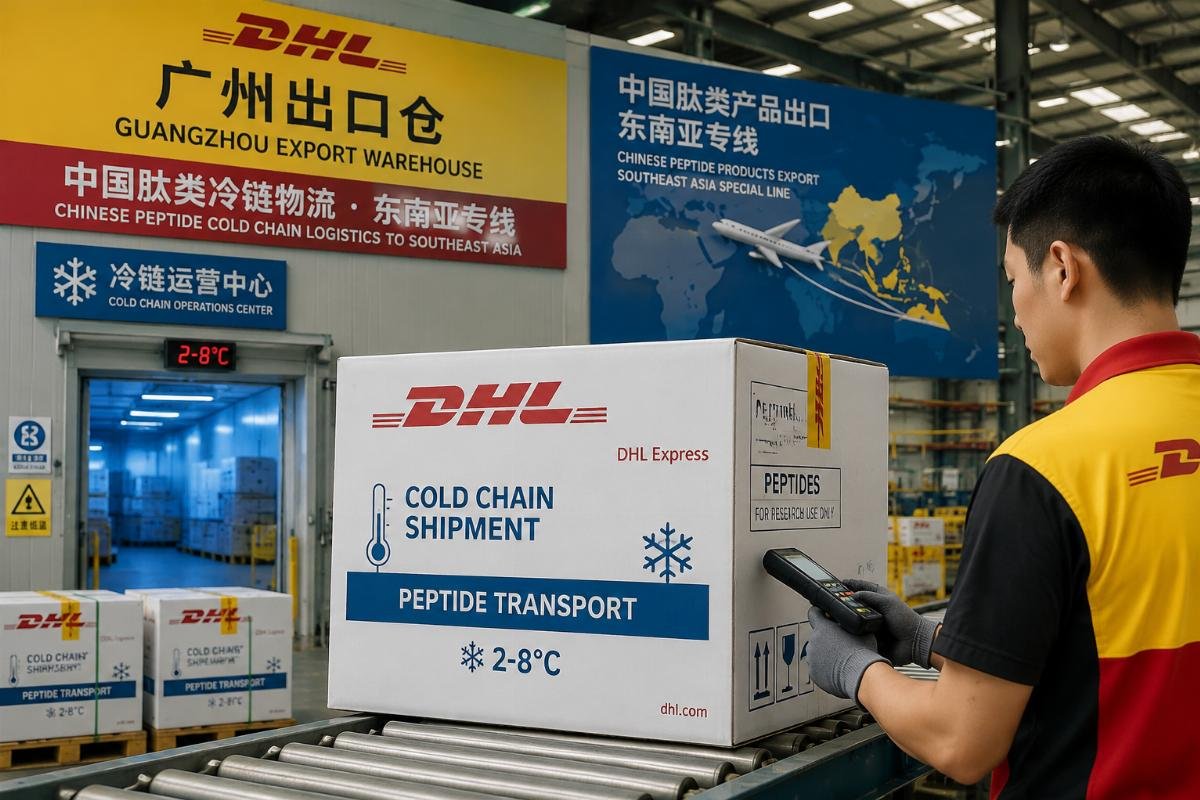 Chinese peptide cold chain logistics for Southeast Asia DHL cold chain shipment box marked for peptide transport being processed at a Guangzhou export warehouse