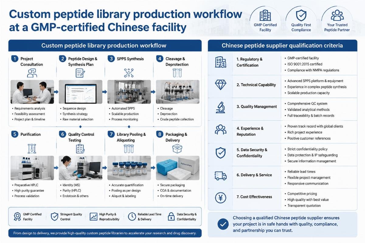 Chinese peptide supplier qualification criteria Custom peptide library production workflow at a GMP-certified Chinese facility