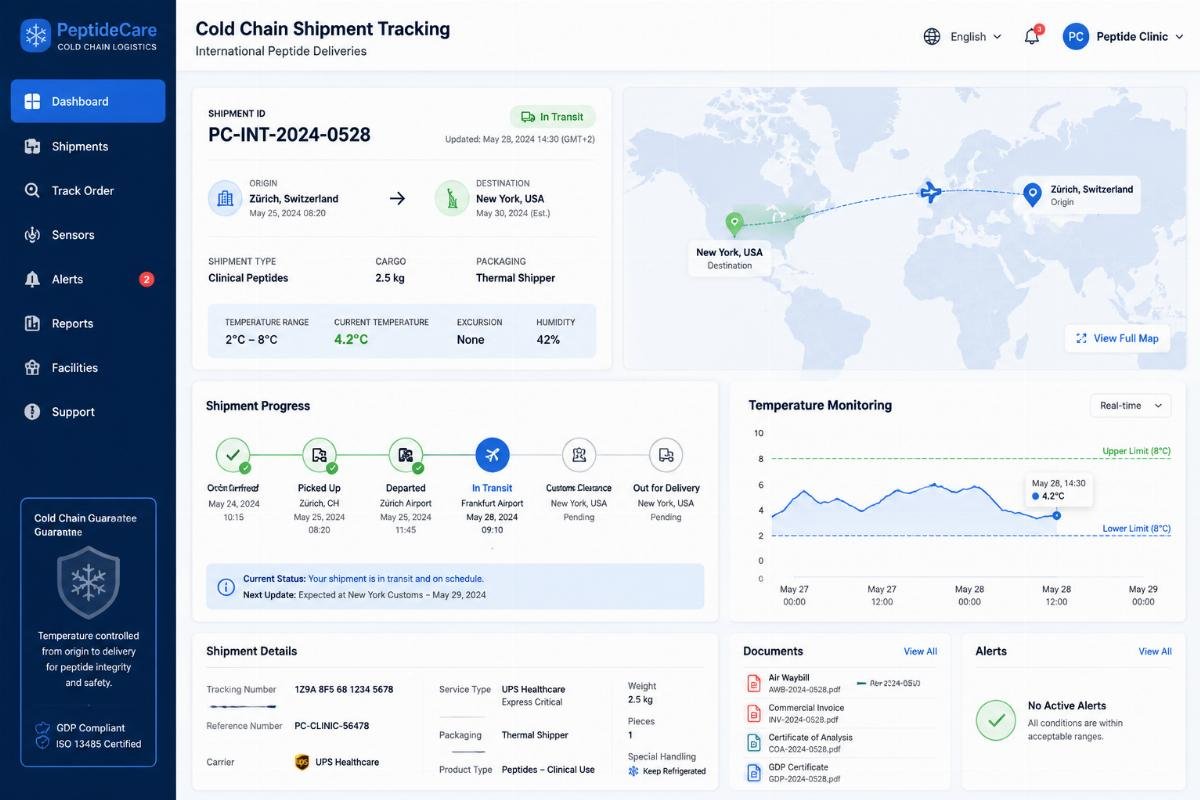 Cold chain shipment tracking interface for international peptide deliveries