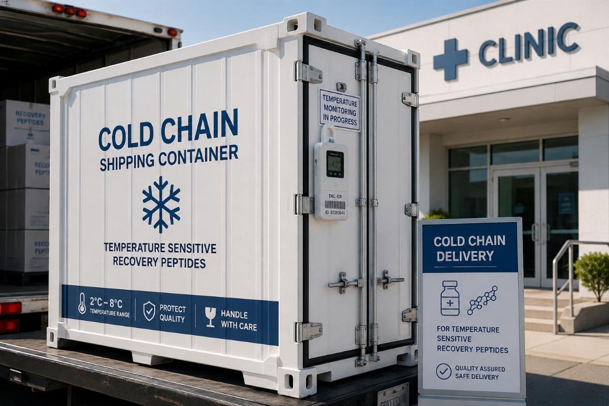 Cold chain shipping container with temperature monitoring tags ready for delivery to a clinic location