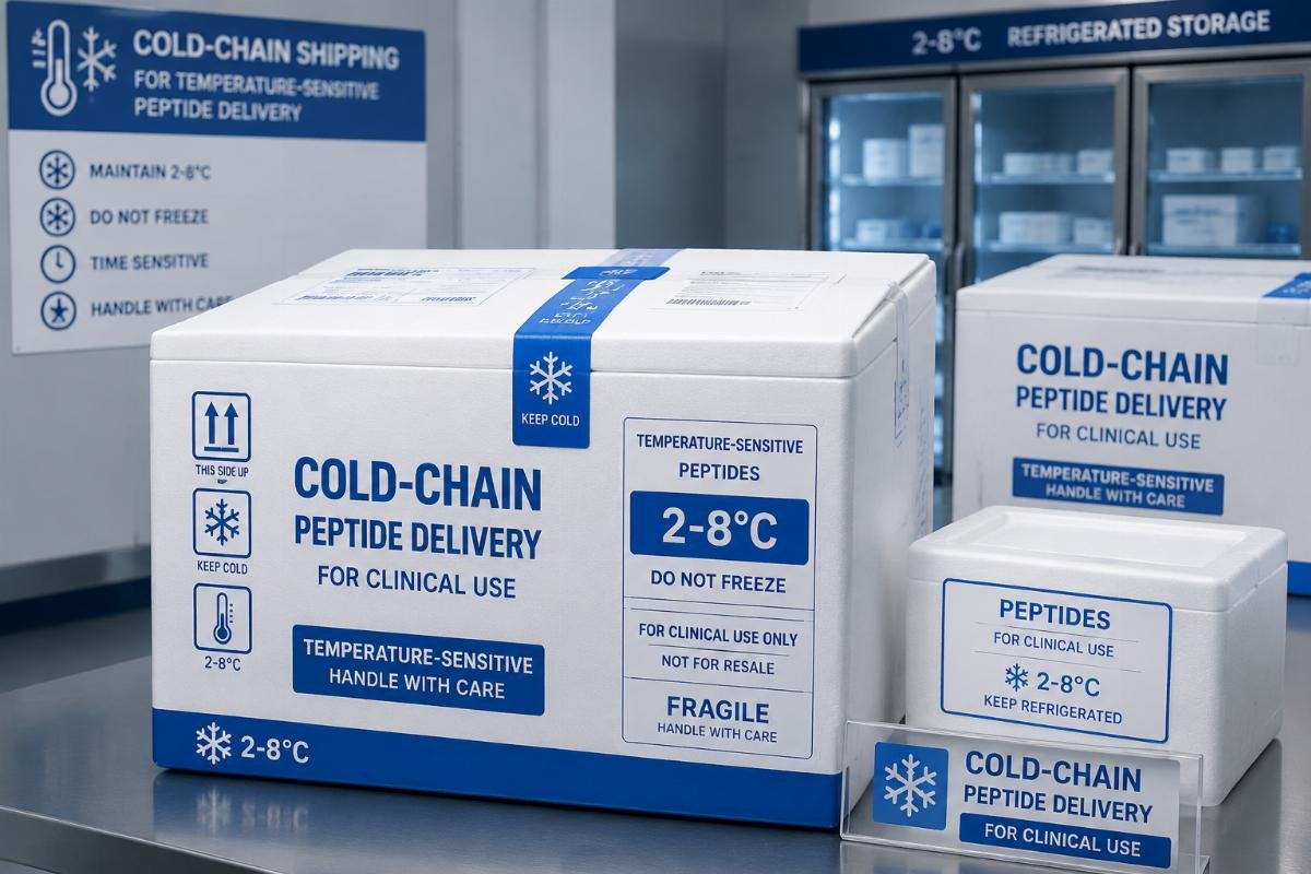 Cold-chain peptide delivery for clinical use Cold-chain shipping packages labeled for temperature-sensitive peptide delivery