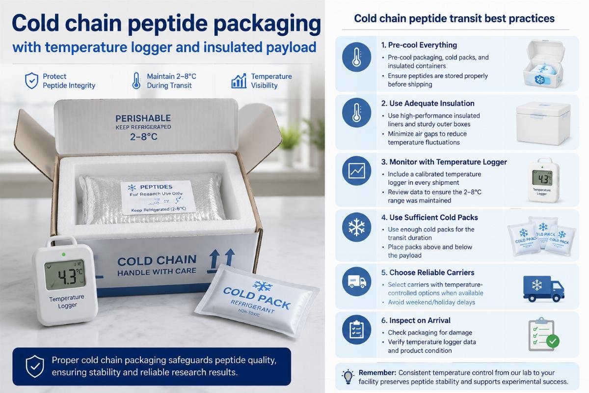 Cold chain peptide transit best practices Cold chain peptide packaging with temperature logger and insulated payload