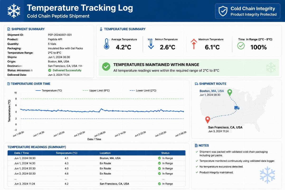 A temperature tracking log for a cold chain peptide shipment showing consistent temperature levels