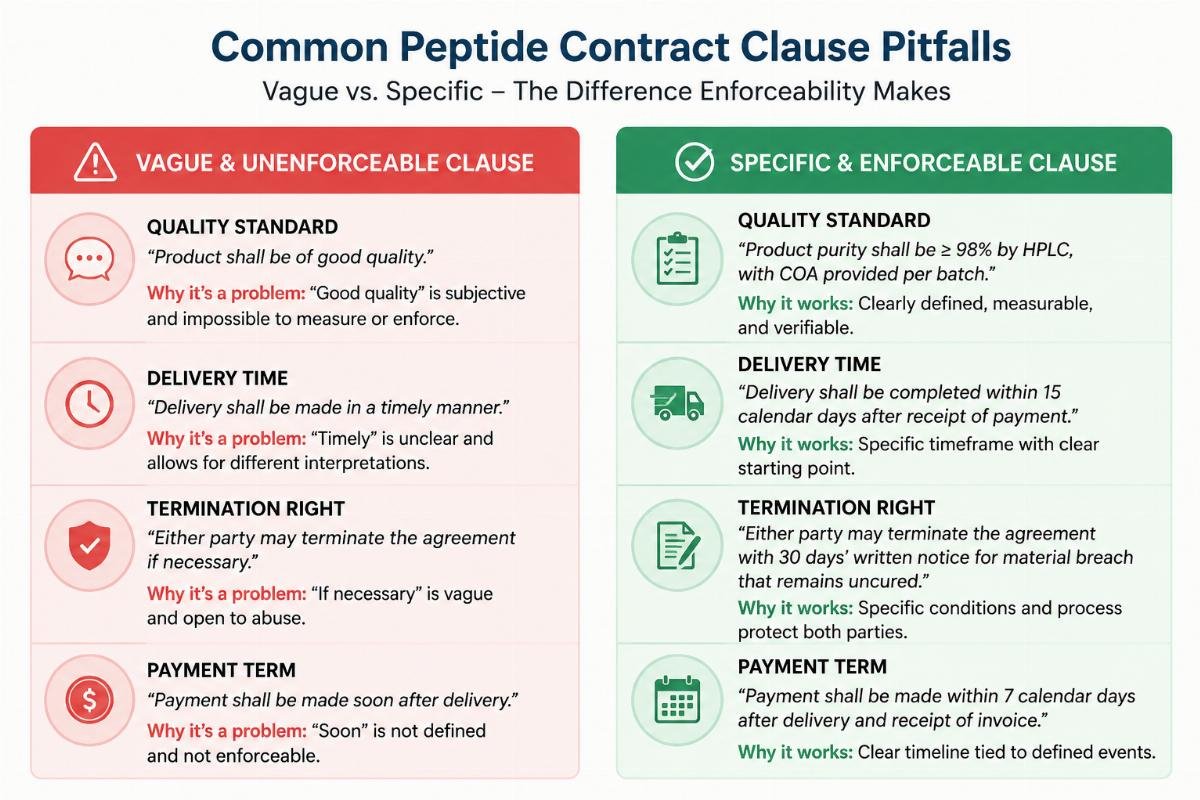 common peptide contract clause pitfalls A side-by-side comparison of a vague unenforceable contract clause and a specific quantifiable version