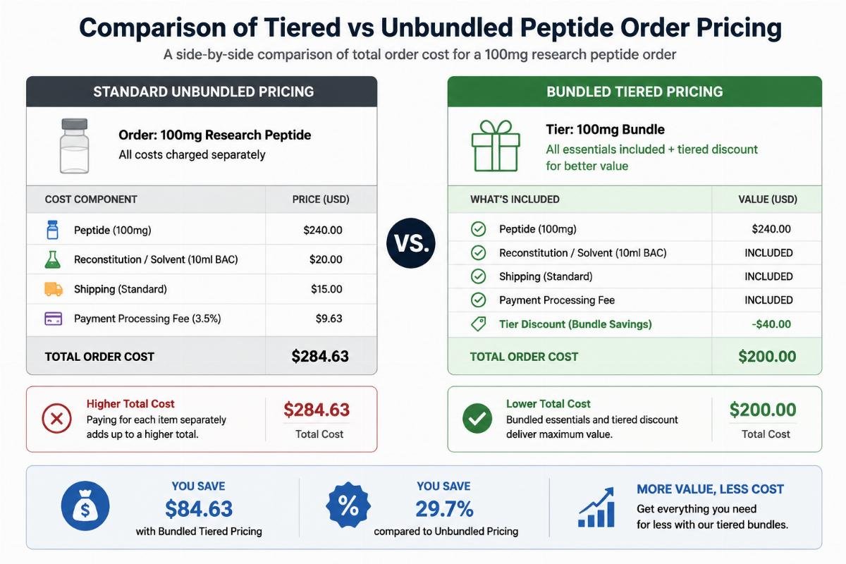 Comparison of tiered vs unbundled peptide order pricing A side-by-side comparison of total order cost between standard unbundled pricing and bundled tiered pricing for a 100mg research peptide order