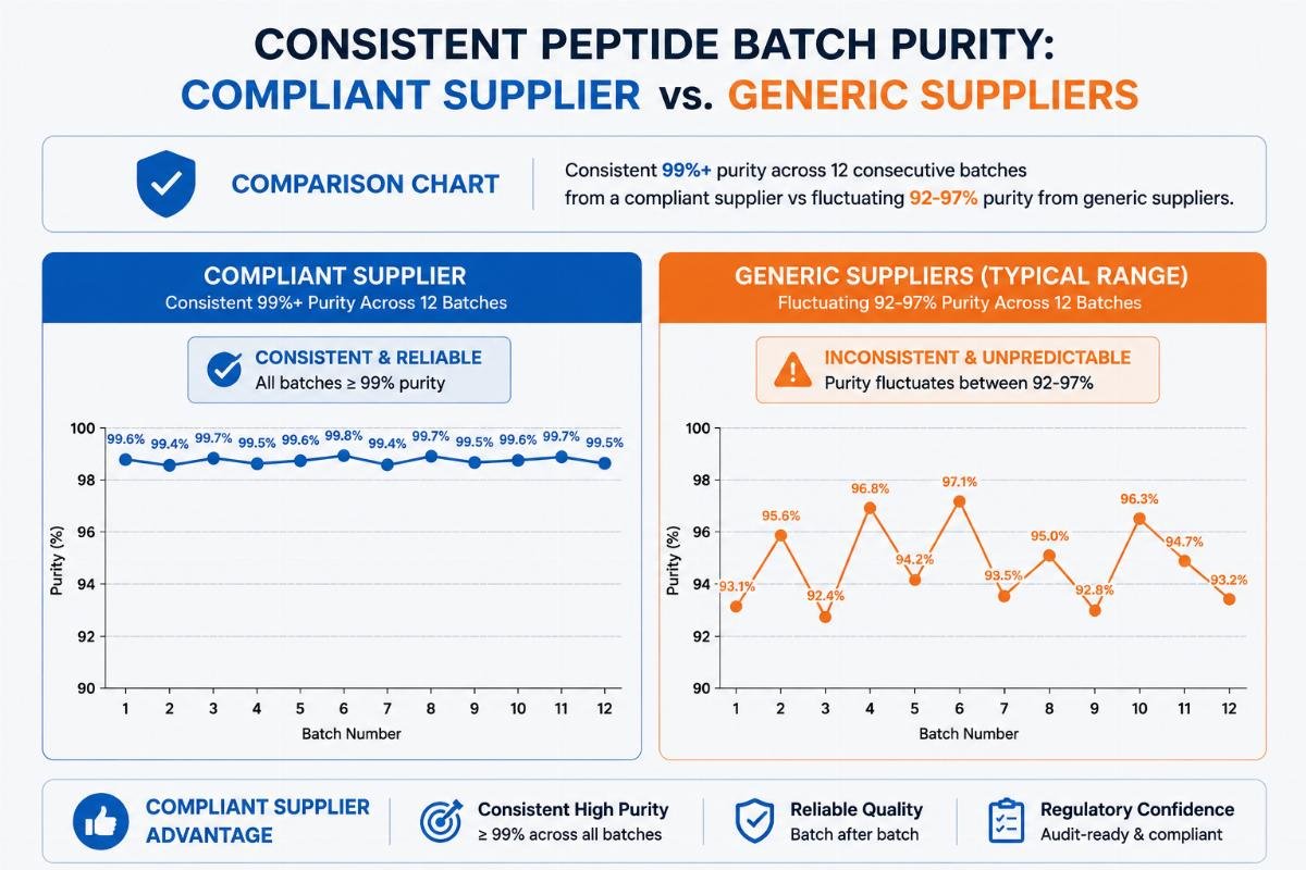 Comparison chart showing consistent 99%+ purity across 12 consecutive batches from a compliant supplier vs fluctuating 92-97% purity from generic suppliers