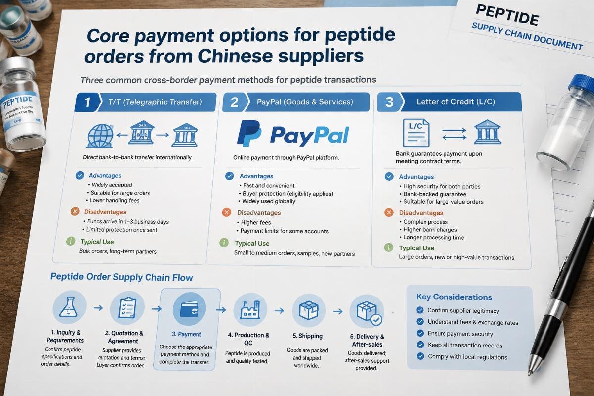 Three common cross-border payment methods for peptide transactions laid out on a supply chain document