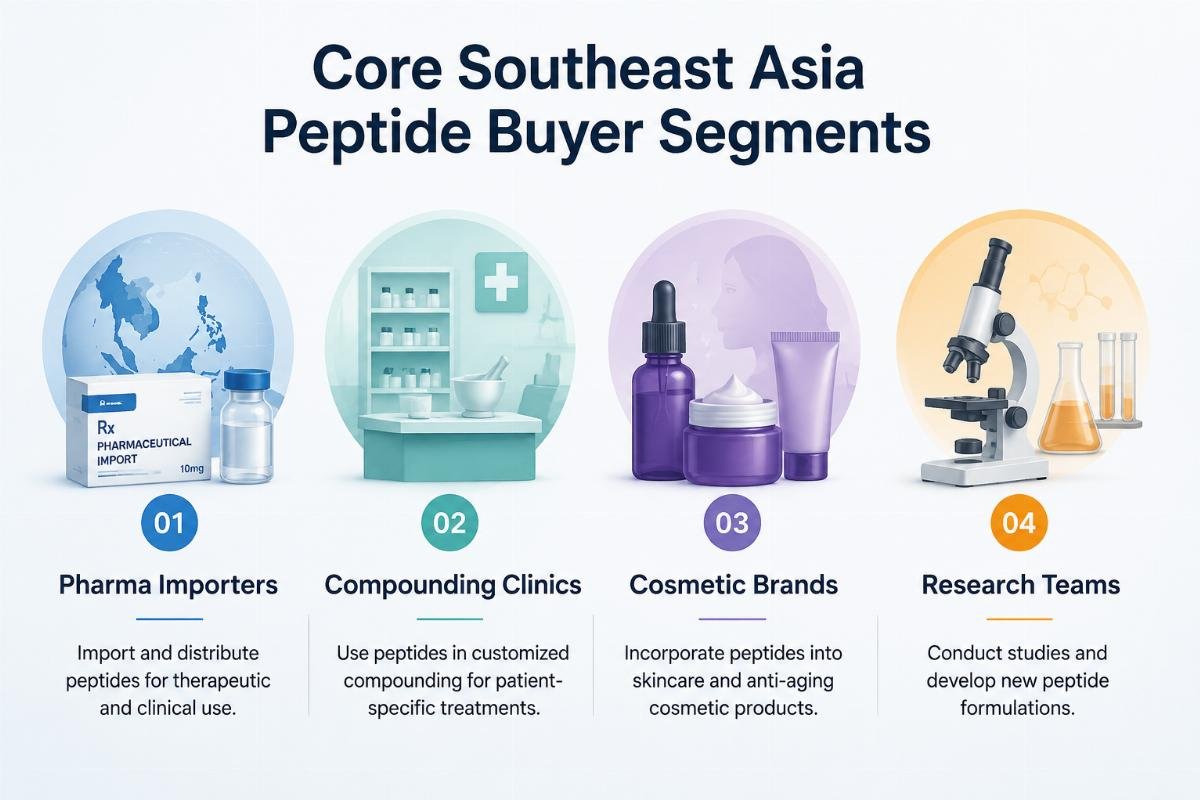 Core Southeast Asia peptide buyer segments Four distinct buyer type icons representing pharma importers, compounding clinics, cosmetic brands, and research teams
