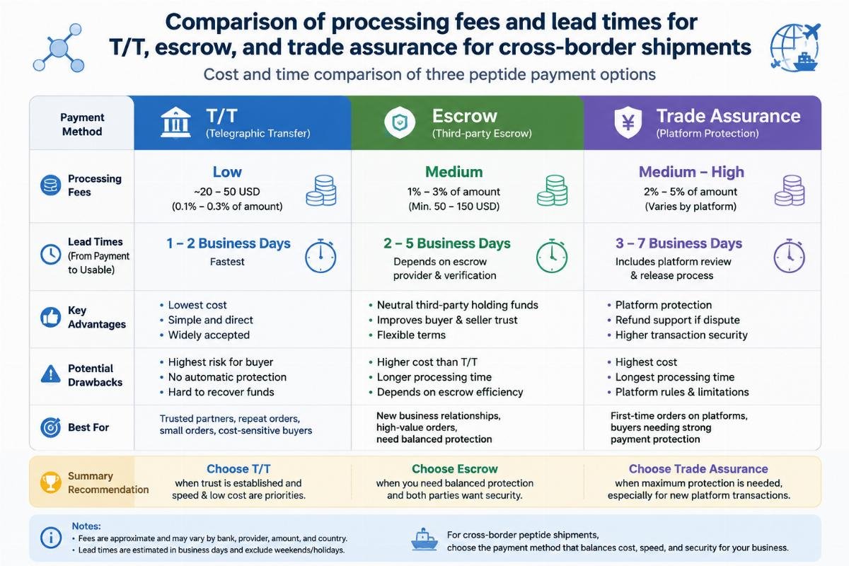 Comparison of processing fees and lead times for T/T, escrow, and trade assurance for cross-border shipments