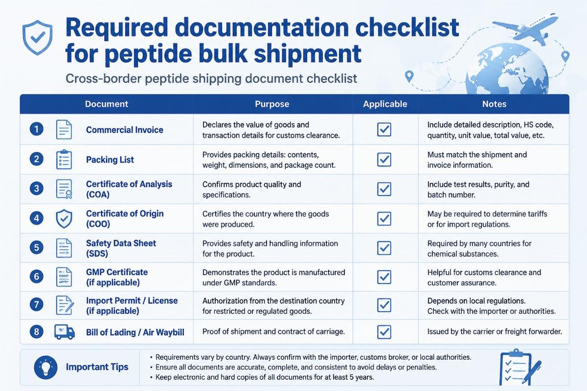 Required documentation checklist for peptide bulk shipment