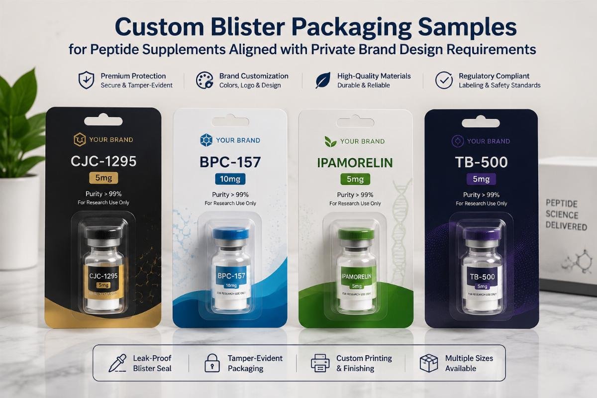 Custom blister packaging samples for peptide supplements aligned with private brand design requirements