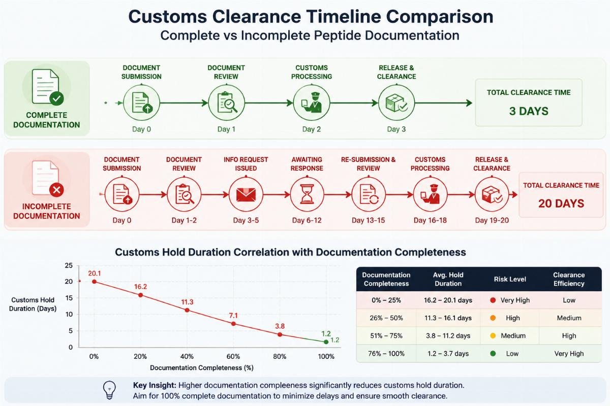Customs hold duration correlation with documentation completeness Customs clearance timeline comparison for complete vs incomplete peptide documentation