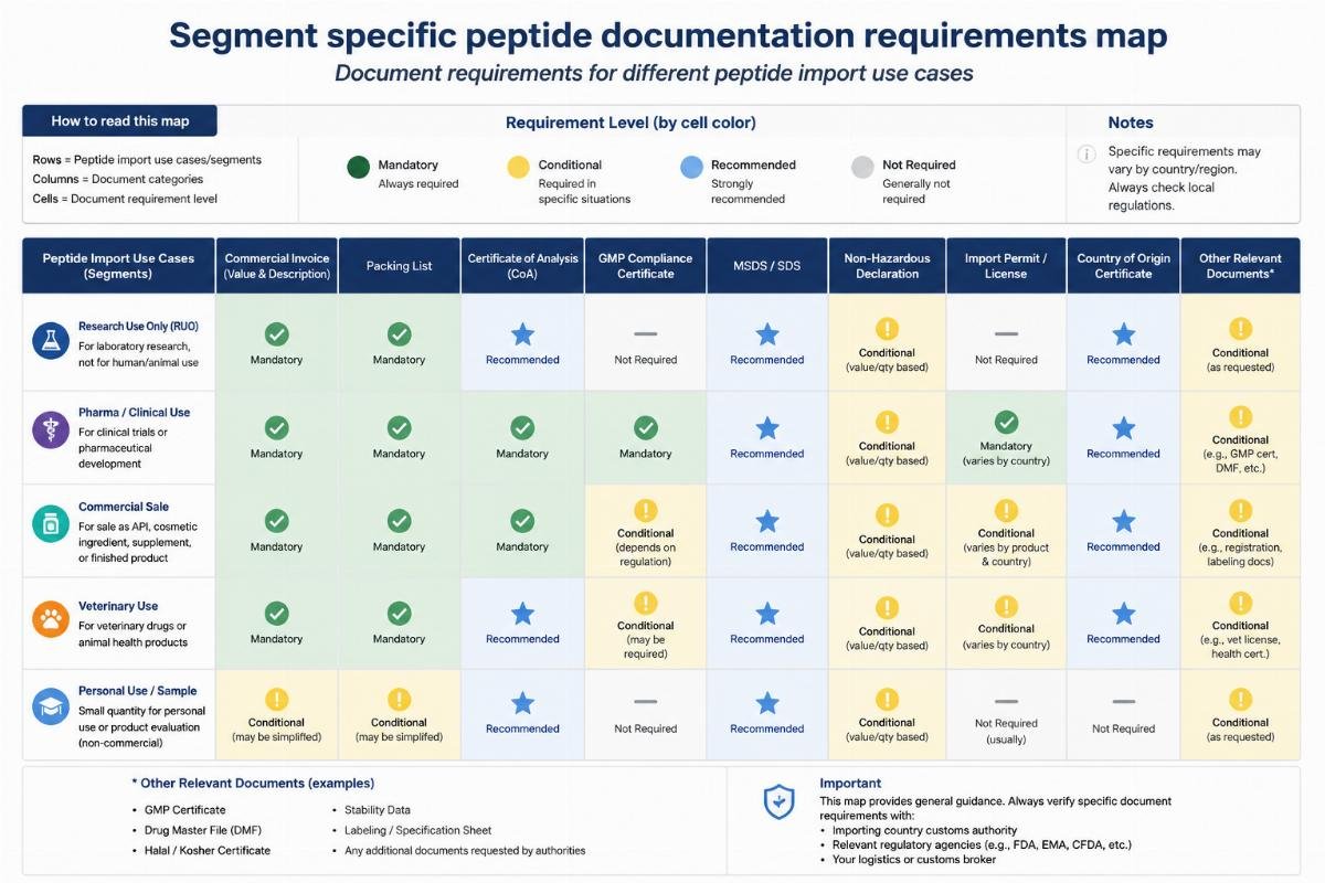 Document requirements for different peptide import use cases Segment specific peptide documentation requirements map