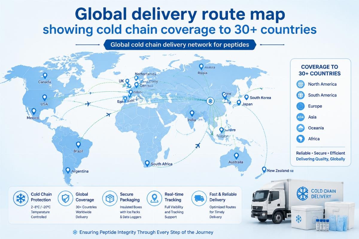 Global cold chain delivery network for peptides Global delivery route map showing cold chain coverage to 30+ countries