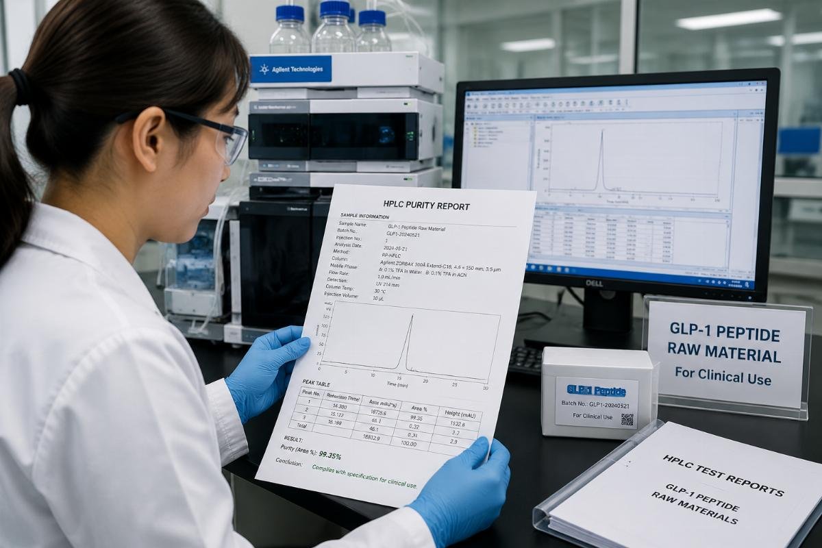 A lab technician reviewing HPLC purity test reports for a batch of GLP-1 peptide raw materials