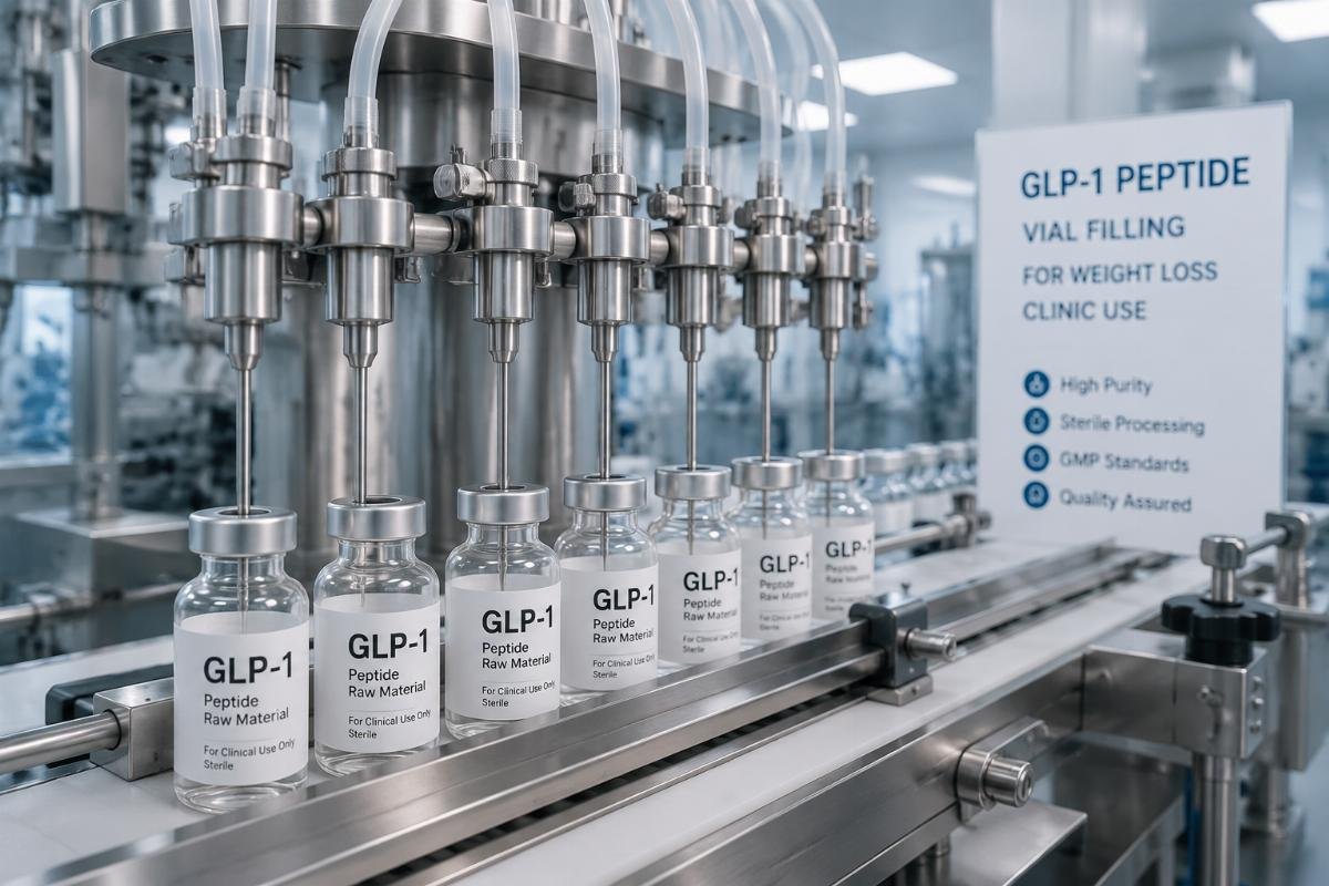 A production line filling GLP-1 peptide raw materials into sterile clinical vials