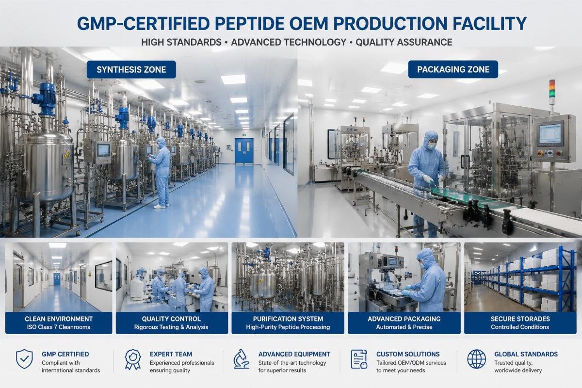 A tour view of a GMP-certified peptide production facility showing dedicated synthesis and packaging zones