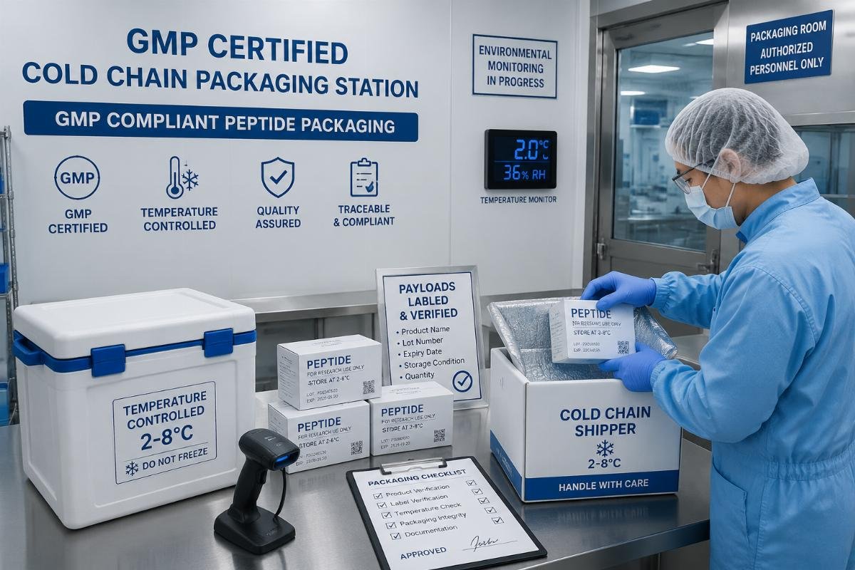 GMP compliant peptide packaging Gmp certified cold chain packaging station with labeled payloads