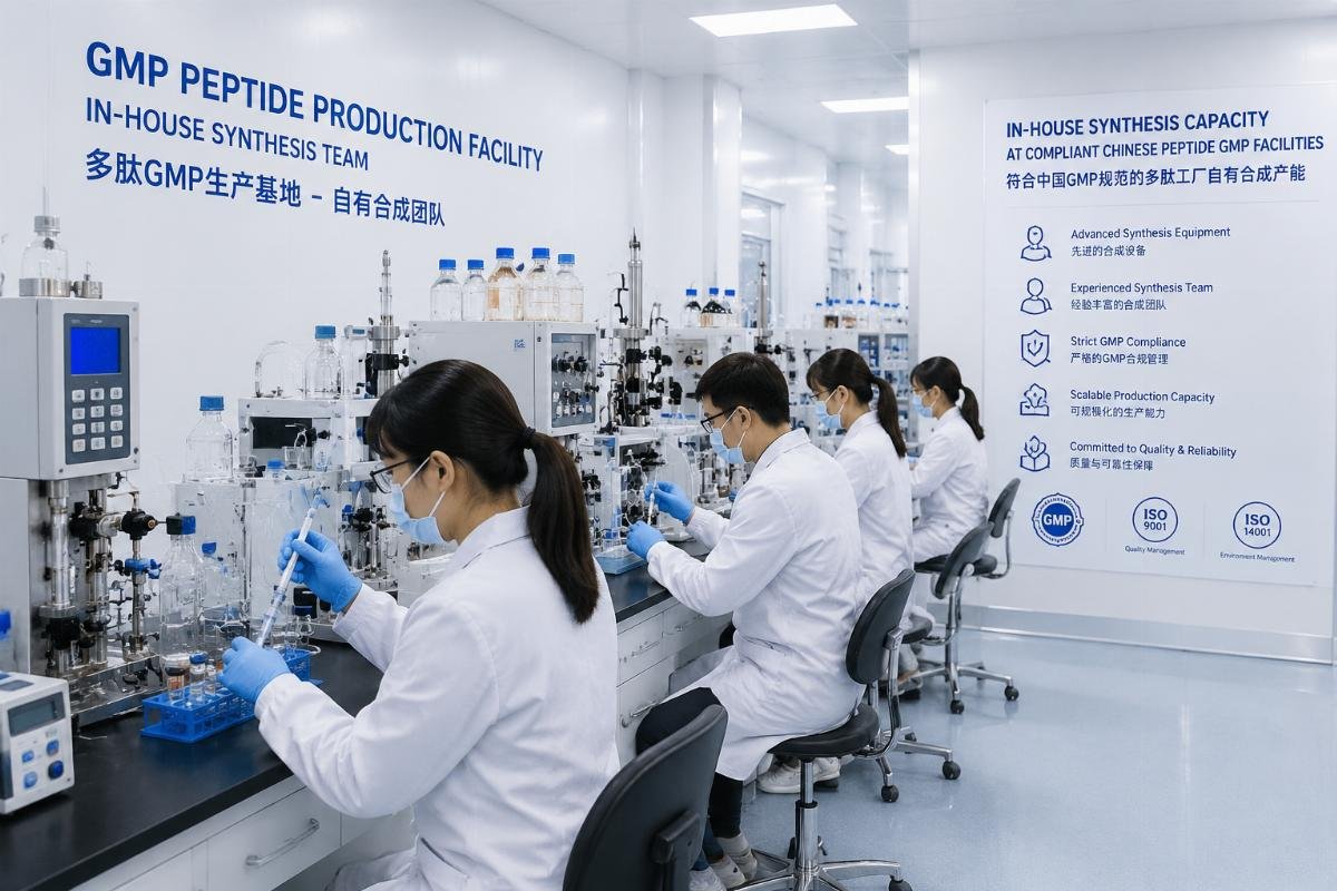 In-house synthesis capacity at compliant Chinese peptide GMP facilities A GMP peptide production facility with in-house synthesis team working at lab benches