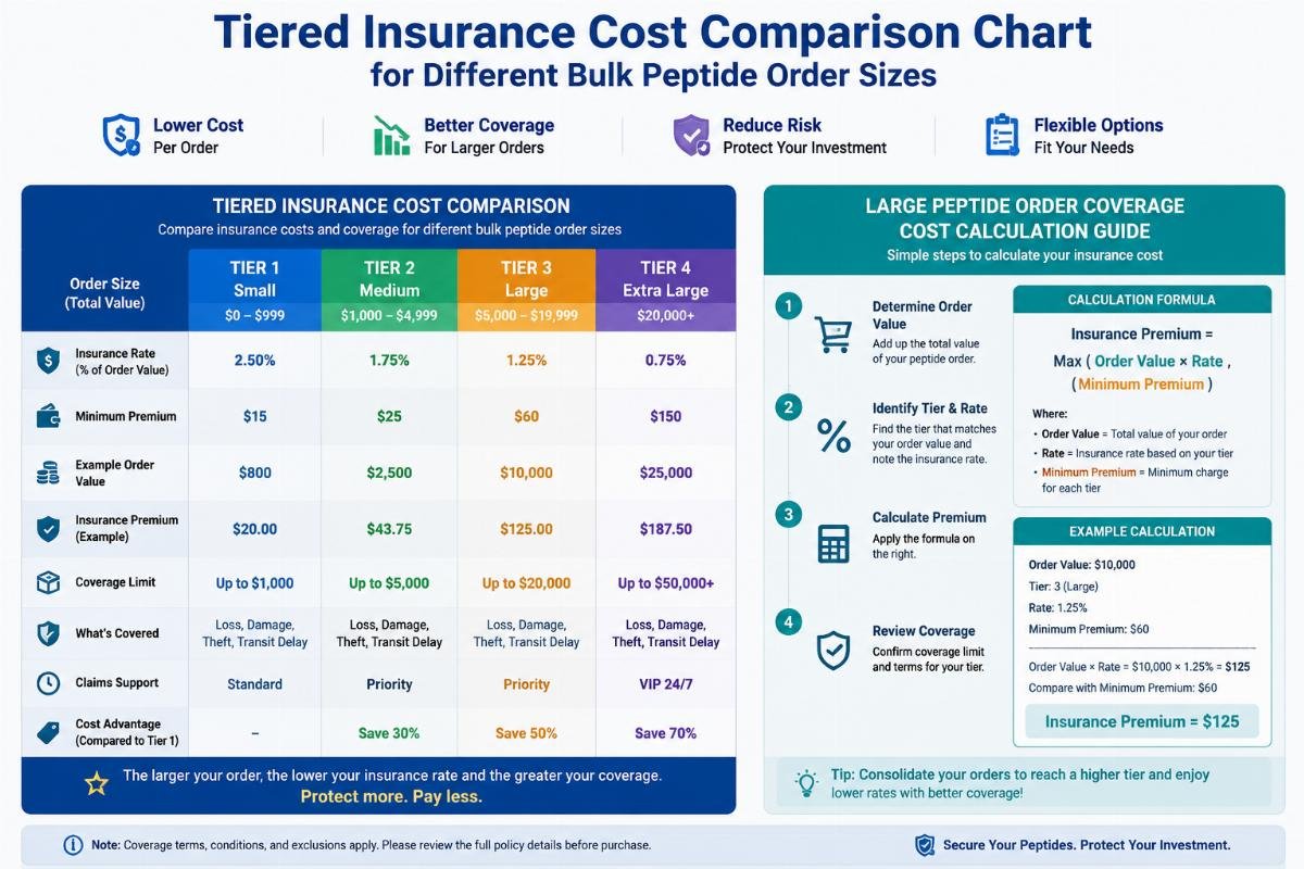 Tiered insurance cost comparison chart for different bulk peptide order sizes