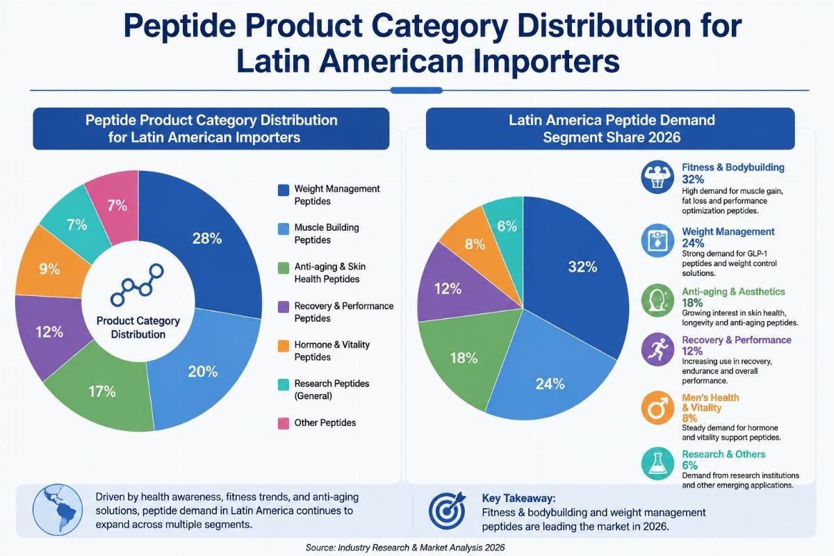 Latin America peptide demand segment share 2026 Peptide product category distribution for Latin American importers