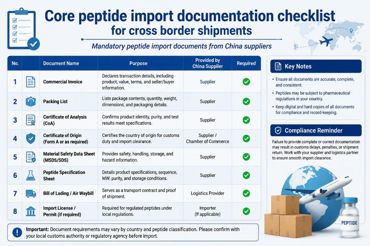 Mandatory peptide import documents from China suppliers Core peptide import documentation checklist for cross border shipments
