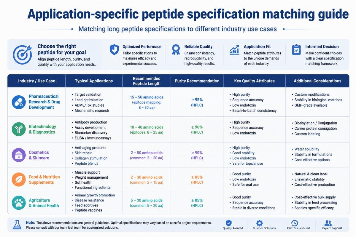 Application-specific peptide specification matching guide