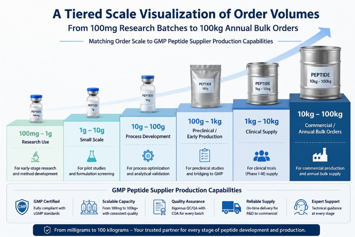 Matching order scale to GMP peptide supplier production capabilities A tiered scale visualization showing order volumes from 100mg research batches to 100kg annual bulk orders