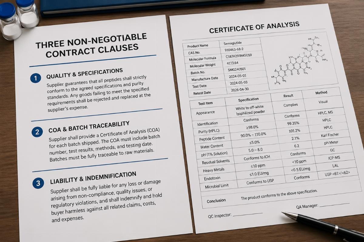 non-negotiable peptide supply contract clauses A printed list of the three non-negotiable contract clauses next to a sample batch COA