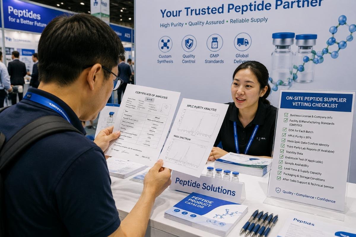 Trade show attendee reviewing peptide COA documents and purity test reports at a supplier booth