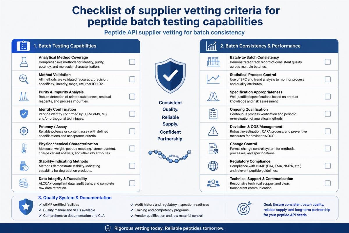 Peptide API supplier vetting for batch consistency Checklist of supplier vetting criteria for peptide batch testing capabilities