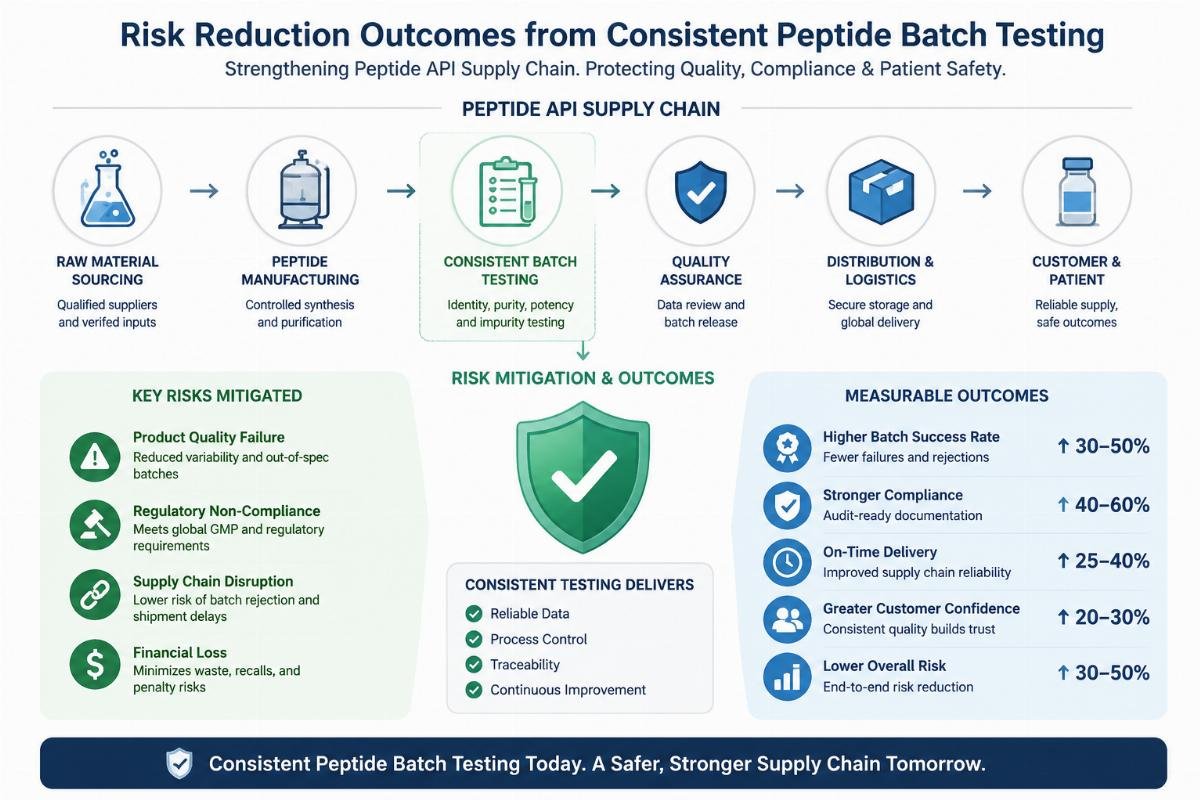 Peptide API supply chain risk mitigation Infographic of risk reduction outcomes from consistent peptide batch testing