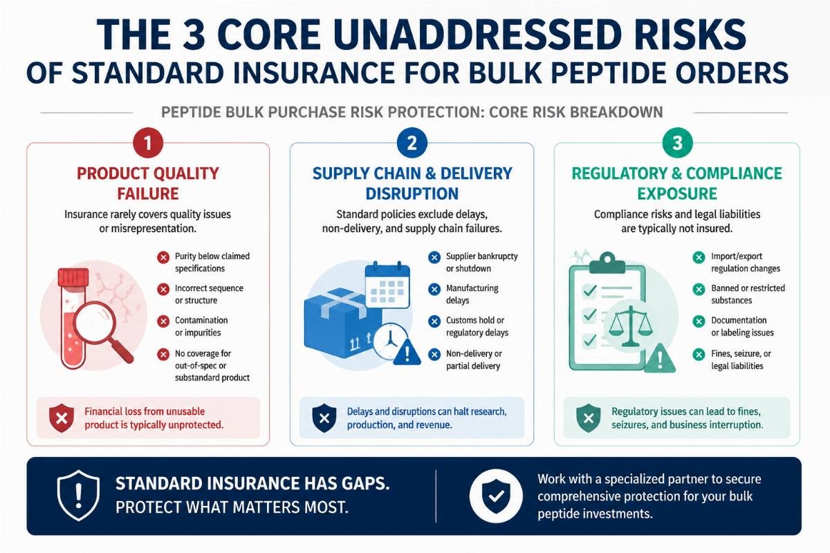 Infographic showing the three core unaddressed risks of standard insurance for bulk peptide orders