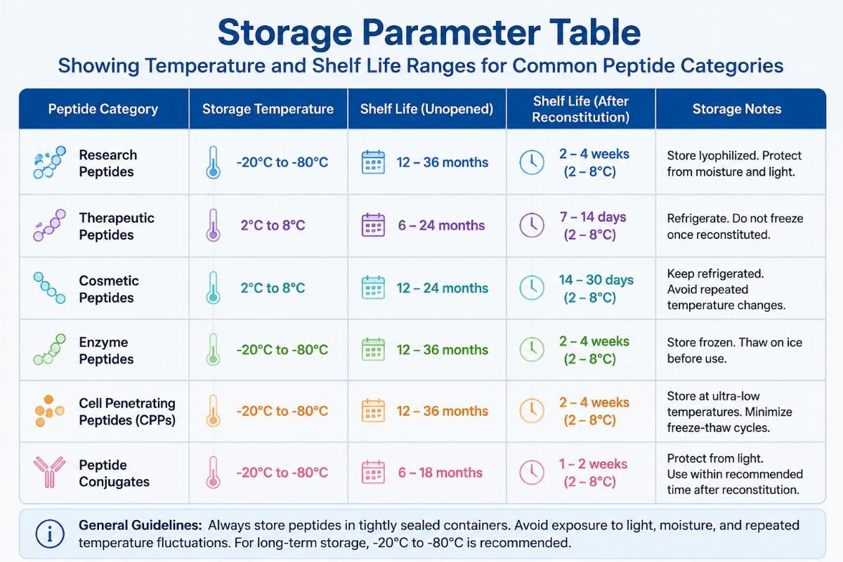 Peptide category specific cold chain storage standards Storage parameter table showing temperature and shelf life ranges for common peptide categories