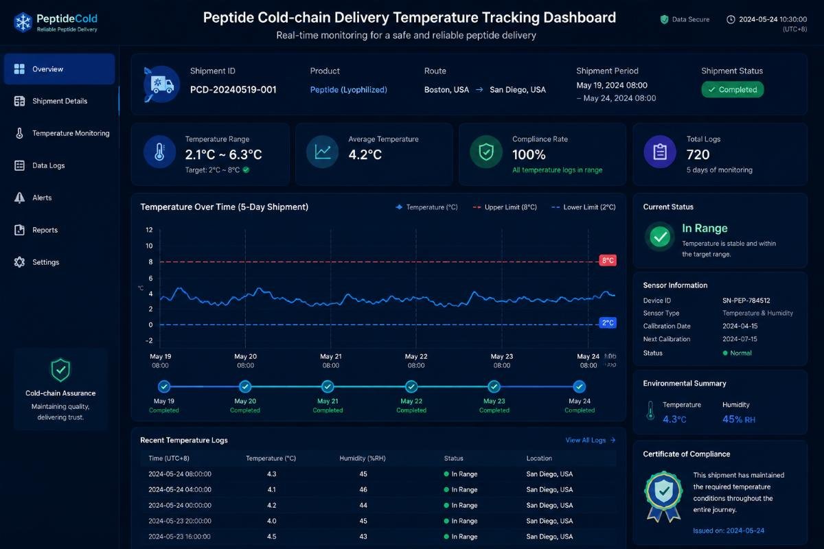 Cold-chain delivery temperature monitoring dashboard showing consistent temperature logs over a 5-day shipment