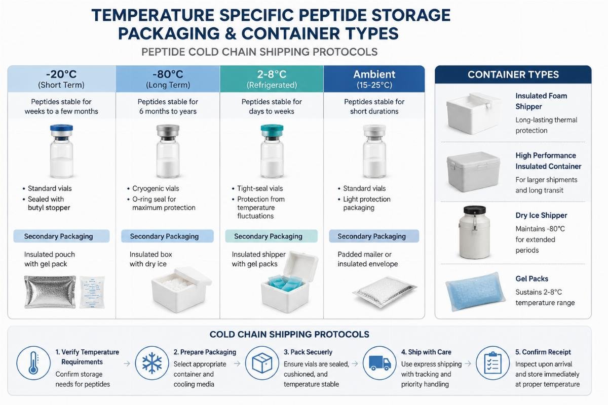 Peptide cold chain shipping protocols Temperature specific peptide storage packaging and container types