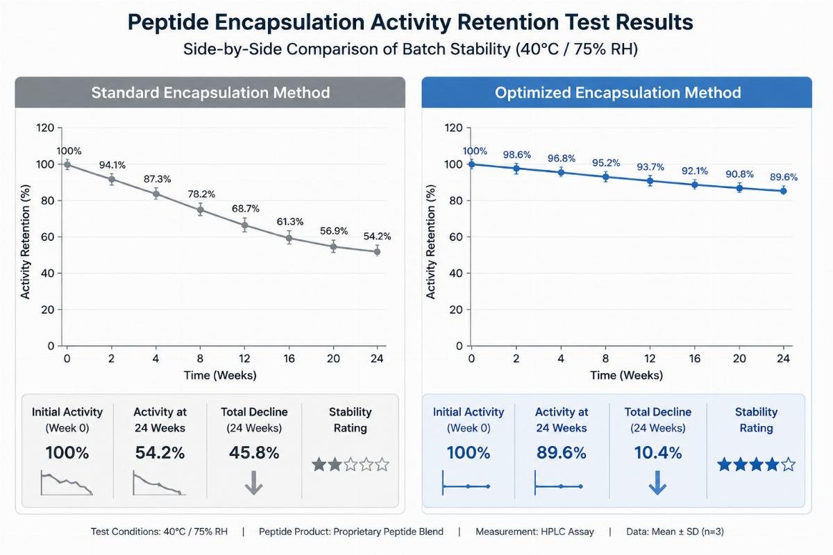 Side-by-side comparison of batch stability test results for peptide products processed with standard vs optimized encapsulation methods