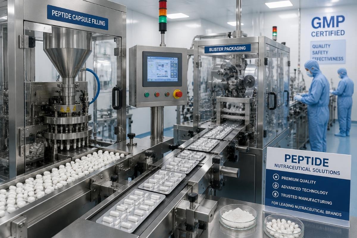 A GMP-certified cleanroom production line showing automated peptide capsule filling and blister packaging stations