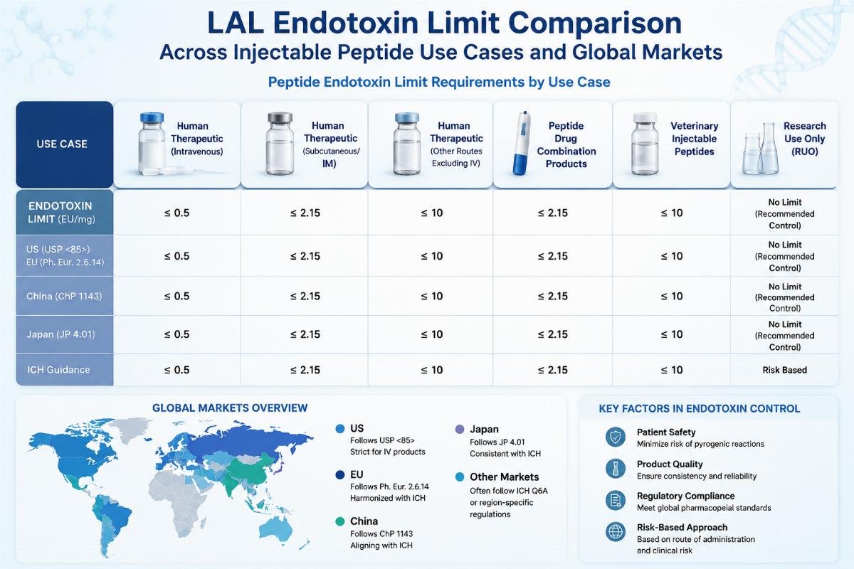 Peptide endotoxin limit requirements by use case LAL endotoxin limit comparison across injectable peptide use cases and global markets