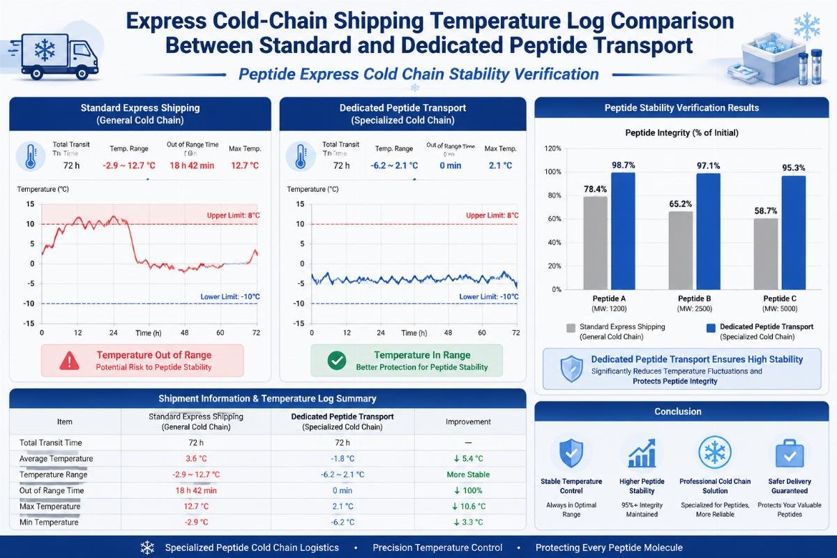 Peptide express cold chain stability verification Express cold-chain shipping temperature log comparison between standard and dedicated peptide transport