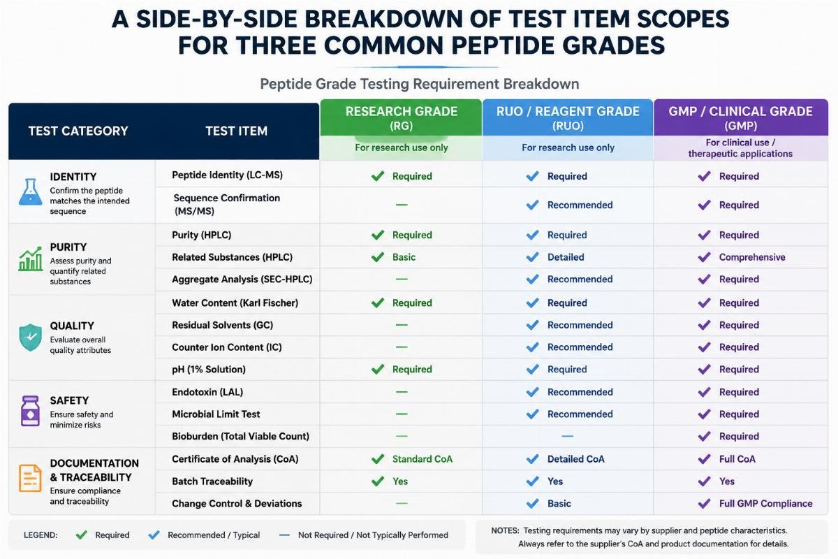 peptide grade testing requirement breakdown A side-by-side breakdown of test item scopes for three common peptide grades