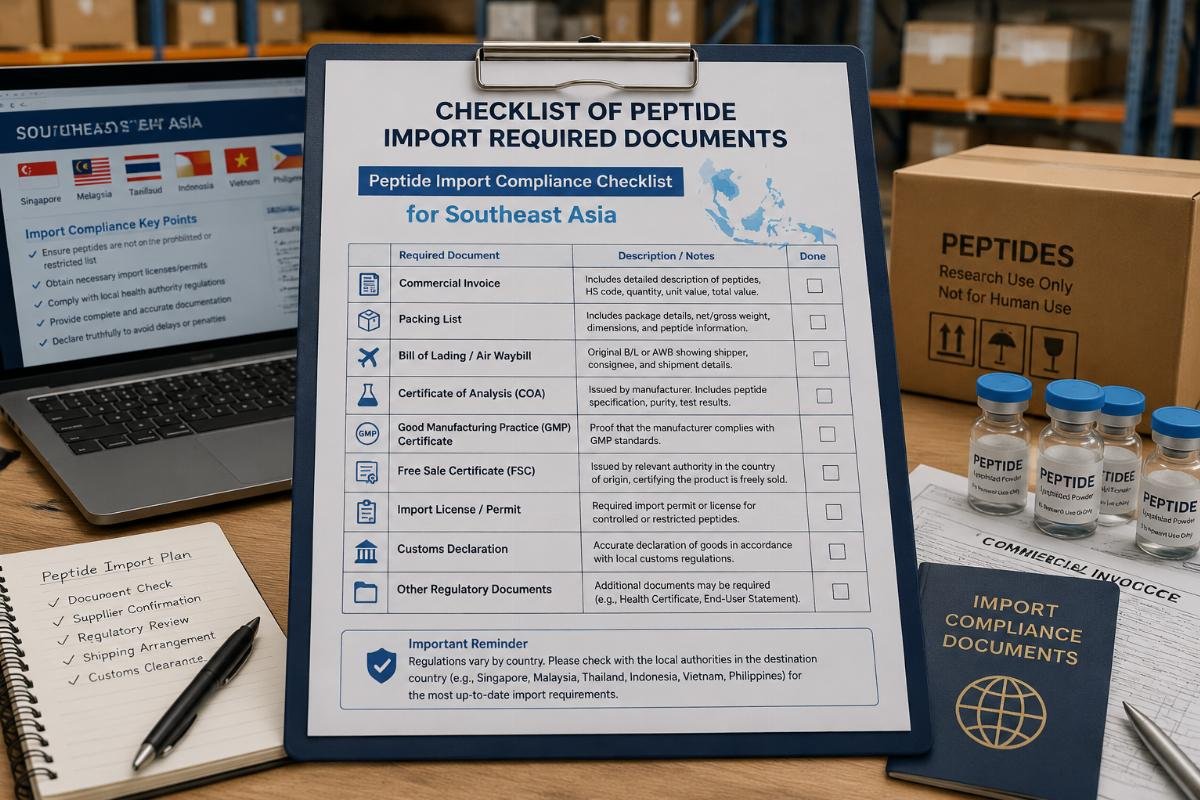Peptide import compliance checklist for Southeast Asia Checklist of peptide import required documents laid out on a warehouse processing desk